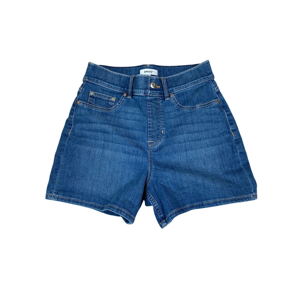 Spanx Pull On High Waist Denim Shorts Women Size M Blue Stretch Shaping Slimming